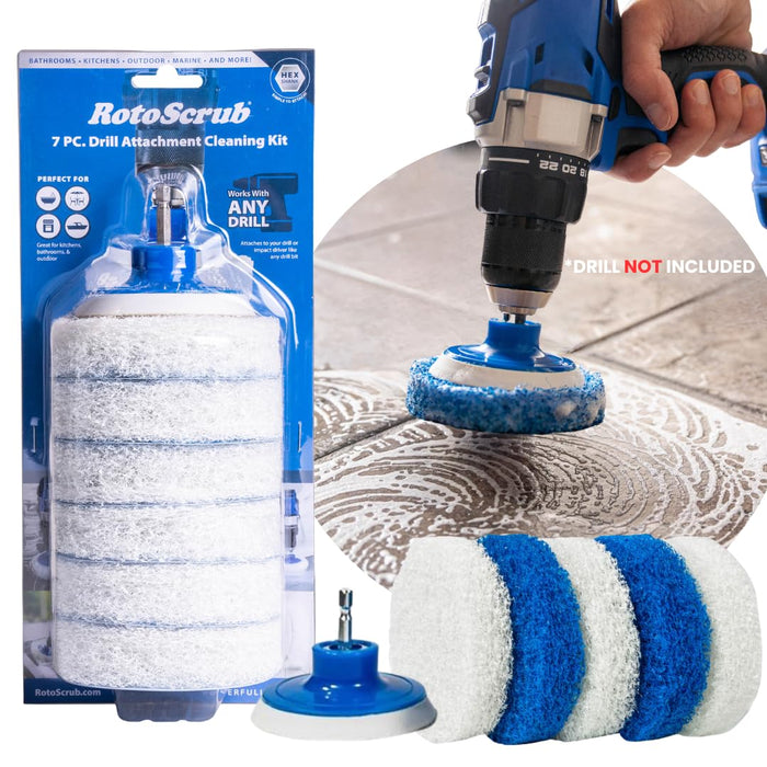 RotoScrub 7 Pack Multi-Purpose Drill Brush Kit for Cleaning Bathrooms, Showers, Tubs, Tile, Floors, Sinks, Toilets, Grout and Grime Removal, Reversible Blue and White Scrub Pads