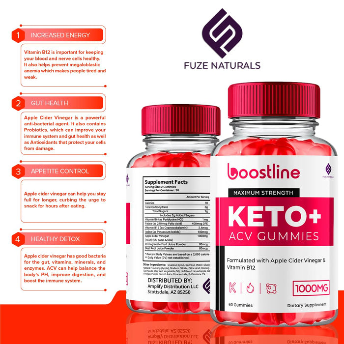 (2 Pack) Boostline Keto ACV Gummies Advanced Formula, Boostline Keto+ ACV Gummies Apple Cider Vinegar 1000MG Vitamin Supplement, Boost Line Keto+ACV Gummies Folate Vitamin B12 Beet Root (120 Gummies)