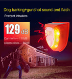 LAFEINA 2 Pack Solar Security Alarm Lights, 129dB Gunshot Sounds & Dog Barking Sound & Light Strobe Light Warning Lamp for Outdoor Farm Barn, Villa Yard