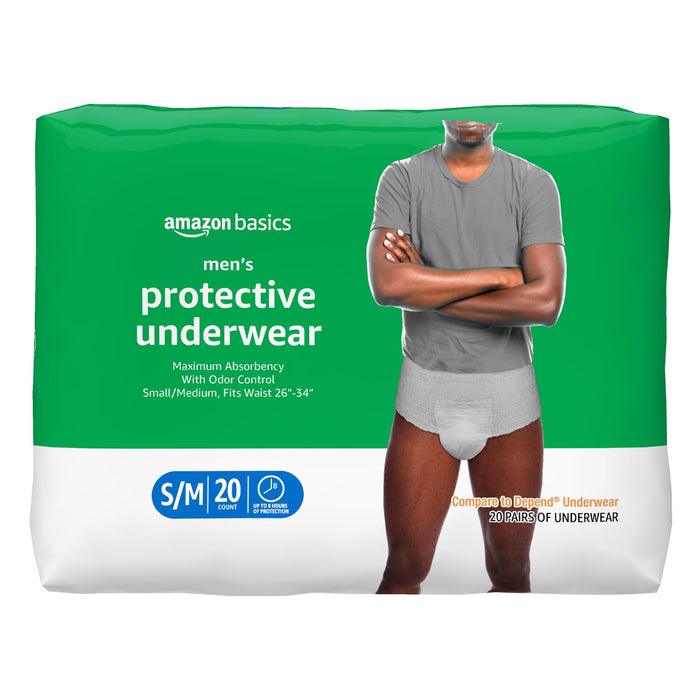 Amazon Basics Men's Protective Underwear, Maximum Absorbency, Small/Medium, 20 Count, (1 Pack of 20)