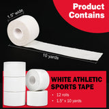 AZEN 12 Pack Athletic Sports Tape, Athletic & Medical Trainers & First Aid Tape for Injuries, Wrist Ankle Finger Tape, Easy to Tear & No Sticky Residue, 1.5 in X 10 Yards (White)