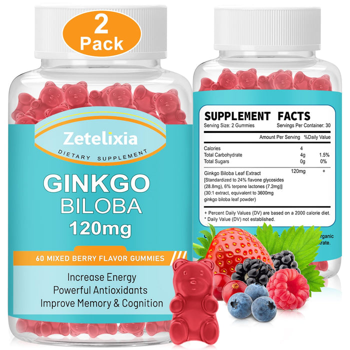 Zetelixia 2 Pack Ginkgo Biloba Gummies 120mg for Women & Men, Brain Supplement Improve Better Mood & Focus, Vegan, Non-GMO, Sugar Free Raspberry Flavor, 120 Count