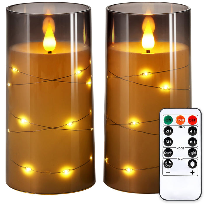 NURADA Flickering Flameless Candles: Built-in Star String Lights 3D Wick Acrylic Battery Operated LED Pillar Candles with Remote and Timer for Wedding Birthday Christmas Decor - Gray 2 Pack