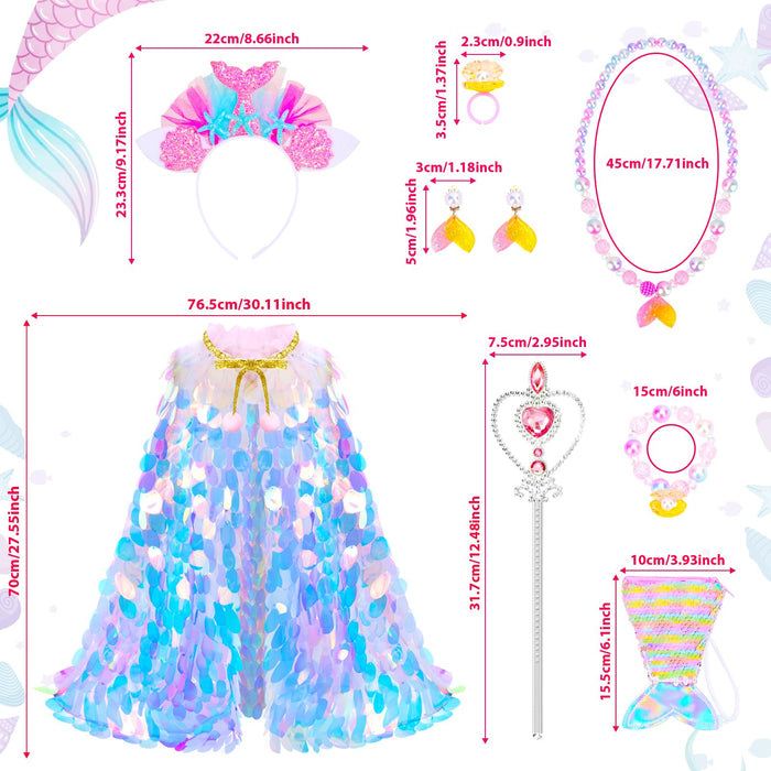 LIMIROLER Princess Dress Up Toys Princess Dress Up Clothes Rainbow Mermaid Cape Kit 9 Pcs Gift Set for Little Girls 3-8 Years Old, Great Gift Set for Birthday Christmas Halloween