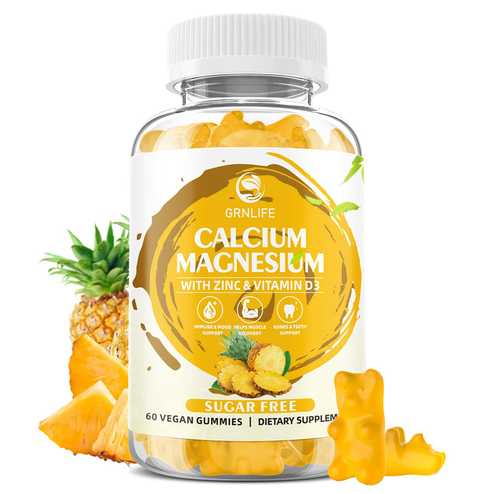 Calcium Magnesium Zinc Gummies with Vitamin D3, Sugar Free Calcium Supplement for Women Men, High Potency Magnesium Gummy for Bone & Muscle & Immune Health, Pineapple Flavor - 60 Count