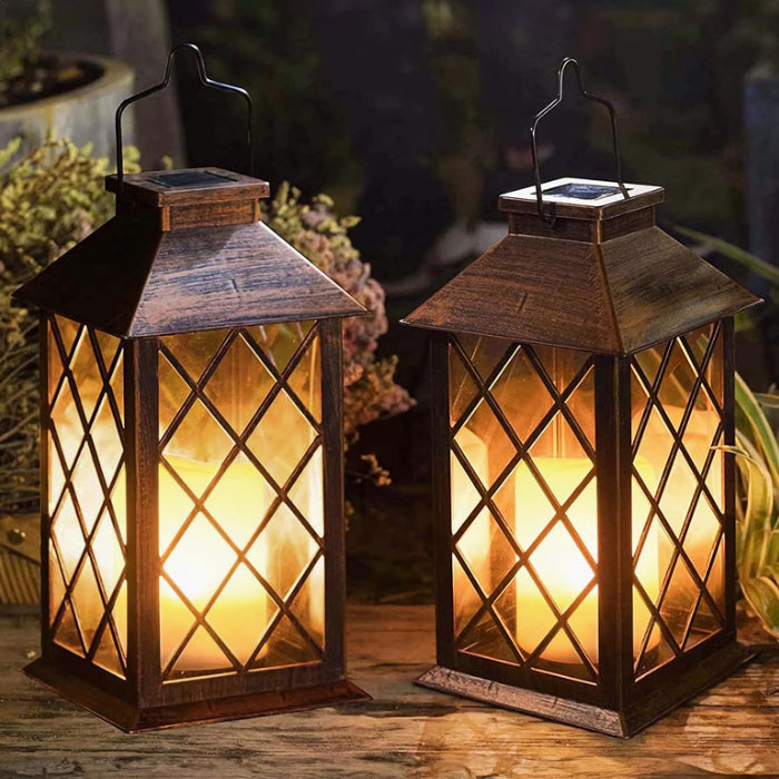 [2 Pack] TAKE ME 14" Solar Lantern Outdoor Garden Hanging Lantern Waterproof LED Flickering Flameless Candle Mission Lights for Table,Outdoor, Halloween Decor Lights
