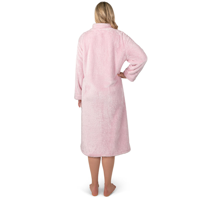 PAVILIA Womens Housecoat Zip Robe, Sherpa Zip Up Front Robe Bathrobe, Fuzzy Warm Zipper House Coat Lounger for Women Elderly with Pockets, Fluffy Fleece Long Plus Size, Light Pink (2X/3X)