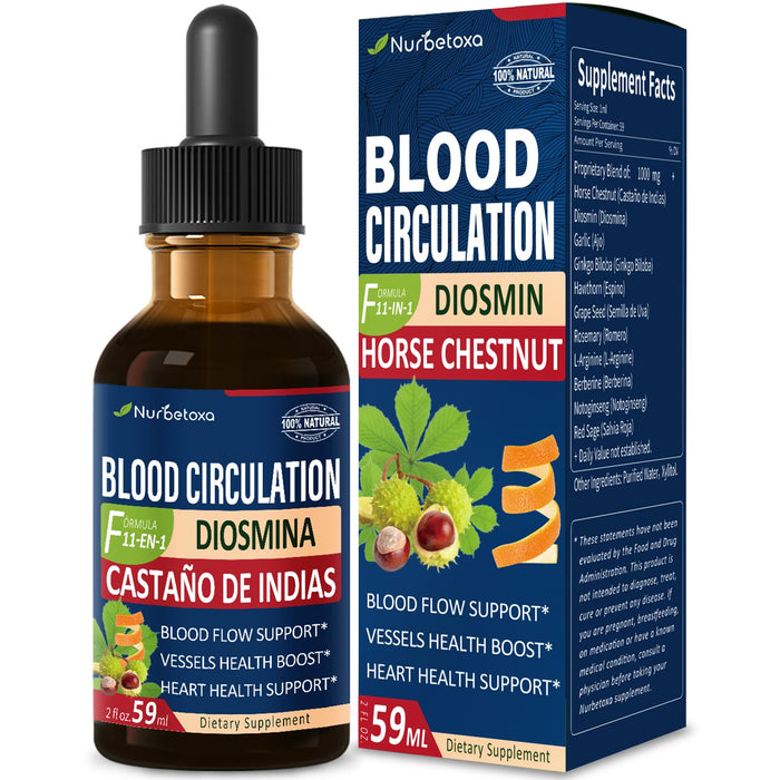 Nurbetoxa Blood Circulation Drops, Castaño de Indias y Diosmina para la Circulacion y Varices, Nitric Oxide Supplement for Blood Flow, Pressure & Heart Health W/Horse Chestnut Extract Liquid.2 oz