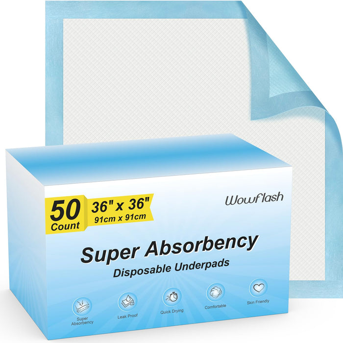 50 Count 36” x 36” Super Absorbency Disposable Underpads, Leakproof Quick Drying Disposable Pads for Baby, Puppy & Adults, Bed Pads Disposable Adults, Chucks Pads Incontinence Pads, Chux Dog Pee Pads