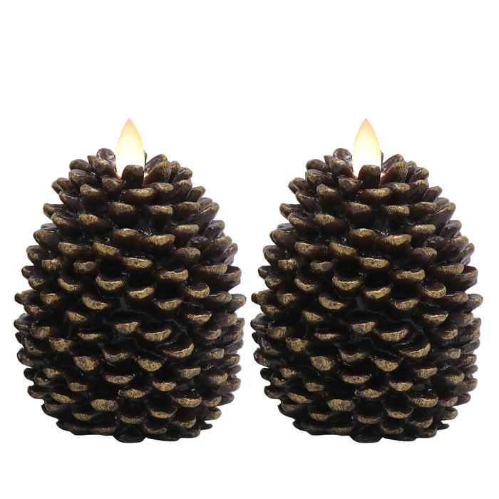 Eldnacele LED Pine Cone Candles, Battery Operated Flameless Candles with Timer Unscented Wax Pinecone Candles Brown 2 Pack for Christmas Home Party Decoration