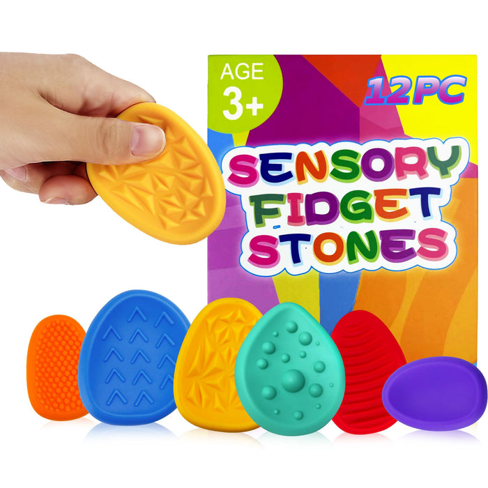 Sensory Fidget Toys for Kids Adults 12 PC Silicone Worry Stone Travel Toy for Autism ADHD Teens Calm Down Quiet Anxiety Fidgets for Classroom Stress Toy Christmas Stocking Stuffer Gift for Kid Toddler