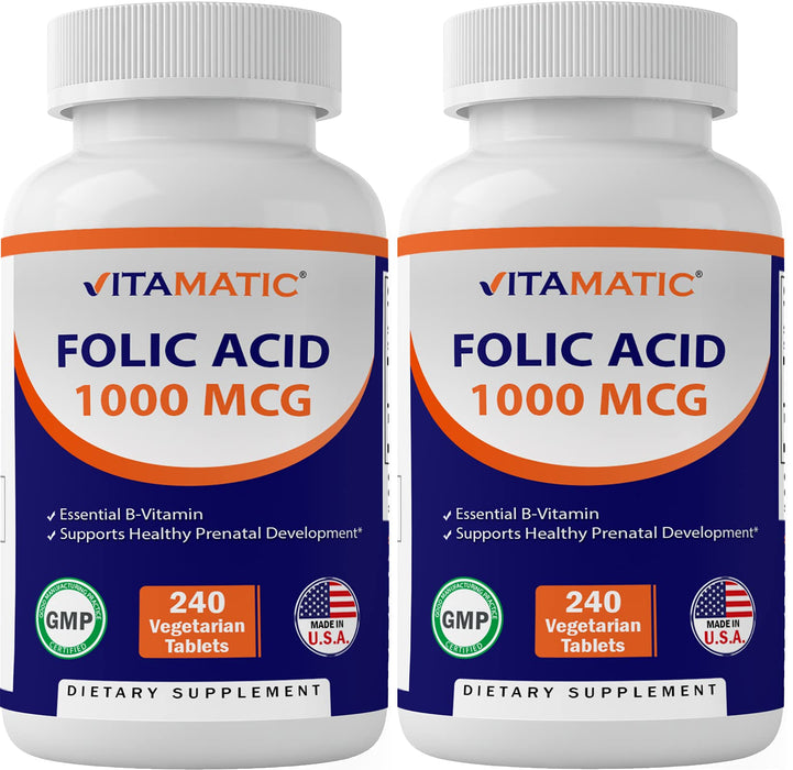 Vitamatic Folic Acid 1000 mcg (1 mg) - Vegetarian Tablets - 1667 mcg DFE - Vitamin B9 (240 Count (Pack of 2))