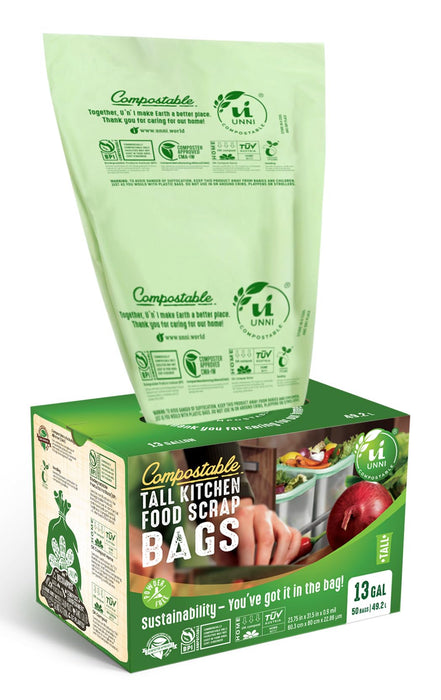 UNNI Compostable Liner Bags, 13 Gallon, 49.2 Liter, 200 Count, Heavy Duty 0.85 Mil, Tall Kitchen Food Scrap Waste Bags, ASTM D6400, US BPI, CMA and Europe OK Compost Home Certified, San Francisco