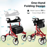 HEAO Rollator Walker with Seat for Seniors,4 x 10" Wheels Upright Walker with Shock Absorber,Padded Backrest and One-Hand Folding Design,Lightweight Mobility Walking Aid with Handle to Stand up,Red