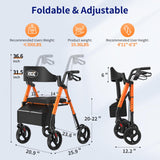 VOCIC Walkers for Seniors,Foldable Walker with Seat,Rollator Walker with Durable Aluminum,8" Big Wheels for All Terrain, Ergonomic Seat and Backrest,Dual Adjustable Height Rolling Walker| VOCIC Orange