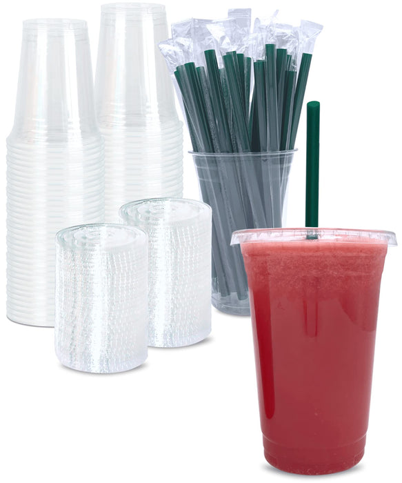 20 oz Clear Plastic Cups with Lids and STRAWS, Disposable Drinking Cups for Cold Drinks, Iced Coffee, Milkshakes, Smoothies, 25 Sets