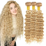 GZOROUZR Blonde Human Hair Bundles P27/613 Highlight Deep Wave Bundle Brazilian Remy Hair Bundle 100G/Bundle Ombre Bundles Human Hair Tow Tone Bundle 22 24 26 Inch