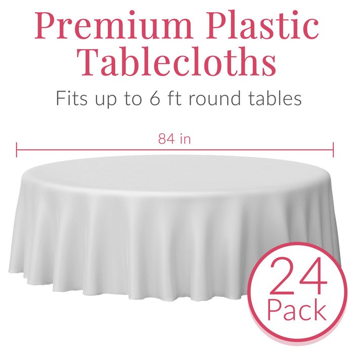 Prestee 24 White Round Plastic Tablecloth, 84" Plastic Table Cloth, Disposable Tablecloths, White Tablecloths, Plastic Table Cover, Paper Tablecloths for Christmas Party, Fine Dining, Wedding, Holiday