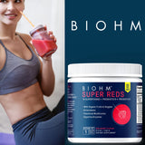 BIOHM Super Reds - Beet Root Powder Antioxidant Beets & Smoothie Mix with Tart Cherry Extract & 19 Red Whole Foods Packed with Prebiotics & Probiotics, Non GMO, Red Berry Flavor, 30 Servings