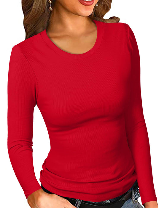 PALINDA Women's Crew Neck Ribbed Fitted Shirts Basic Long Sleeve Layering Tee Tops Soft Cotton Christmas Red,S