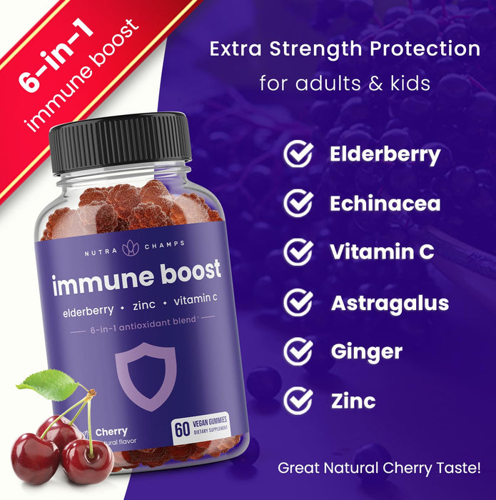 Immune Support Gummies | Powerful Blend of Elderberry, Vitamin C, Zinc, Echinacea, Astragalus Root & Ginger | Immune Boosters for Adults & Kids Supplement | Vegan & Non-GMO | Cherry | 60 Ct (2 Pack)