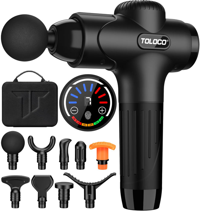 TOLOCO Massage Gun, Muscle Massage Gun Deep Tissue, Percussion Massage Gun with 9 Replacement Heads, Super Quiet Portable Electric Massager for Athletes, Treatment, Relax, Black