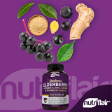 NutriFlair Sambucus Elderberry, 120 Veggie Capsules - 5 in 1 Immune Support and Antioxidant Supplement with Vitamin C, Vitamin D3 5000 IU, Zinc, Ginger, Black Dried Elderberry Pills - 2 Month Supply