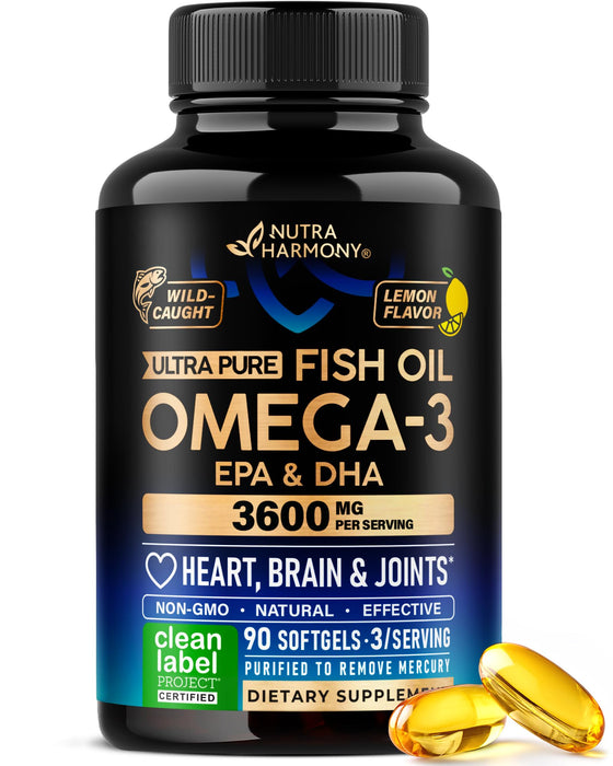 Omega 3 Fish Oil 3600 mg - Omega 3 Supplement for Women & Men - 90 Softgels
