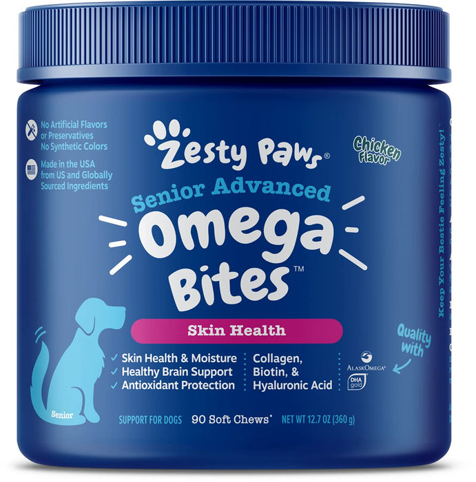 Zesty Paws Skin & Coat Bites for Dogs – Fish Oil Soft Chews with Omega-3 Fatty Acids EPA & DHA - Skin, Coat, Antioxidant & Immune Support - Advanced - 90 Count