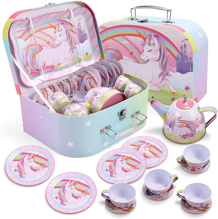 JOYIN Unicorn Tea Party Set for Little Girls, Pretend Pink Tin Teapot Set, Princess Tea Time Play Kitchen Toy with Teapot, Cup, Plate, Carrying Case for Kids Toddlers Age 3 4 5 6, Gift for Christmas