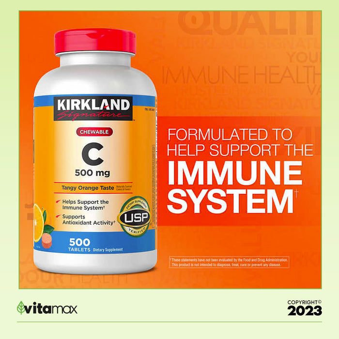 Generic Kirkland Signature Chewable Vitamin C 500 mg., 500 Tablets + Exclusive VitaMax Vitamin Guide - 2 Items