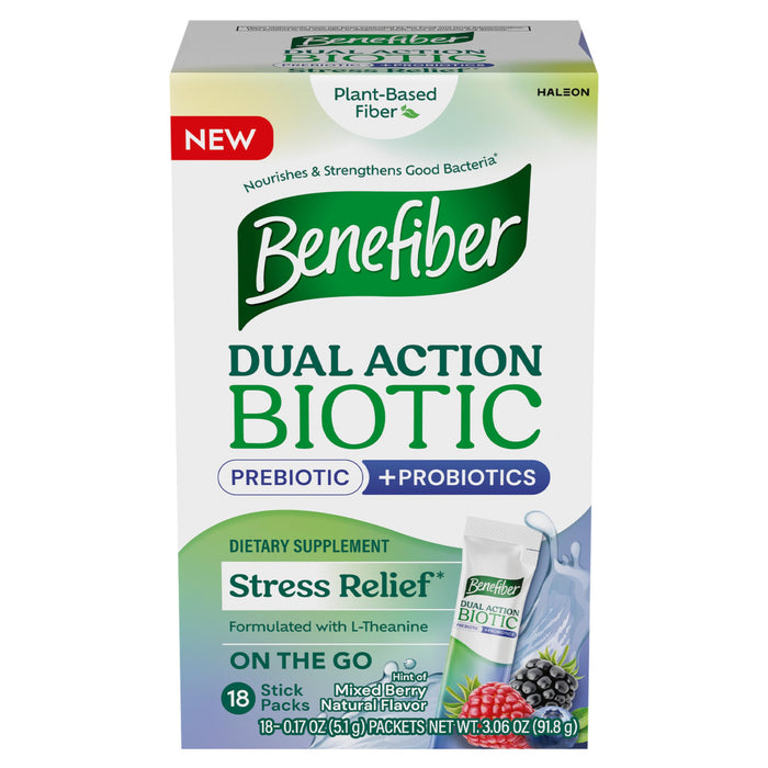 Benefiber Dual Action Biotic Plus Stress Relief, 18 Count Stick Packs