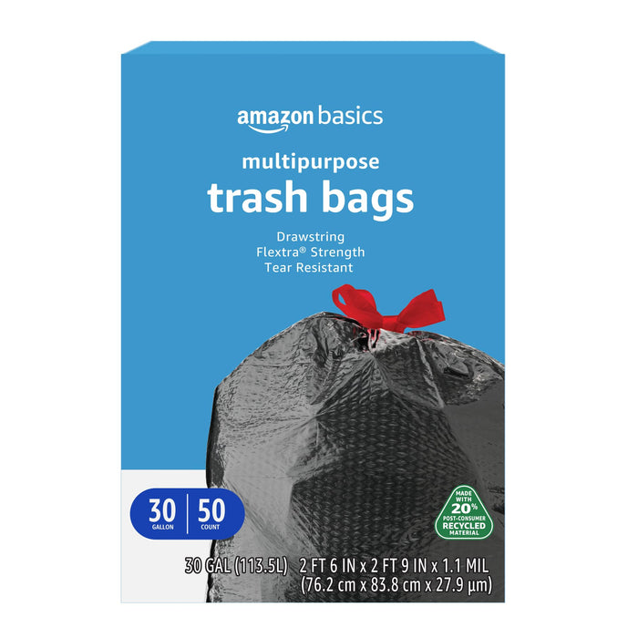 Amazon Basics Flextra Multipurpose Drawstring Trash Bags, 20% Post Consumer Recycled Content, 30 Gallon, 50 Count, Pack of 1