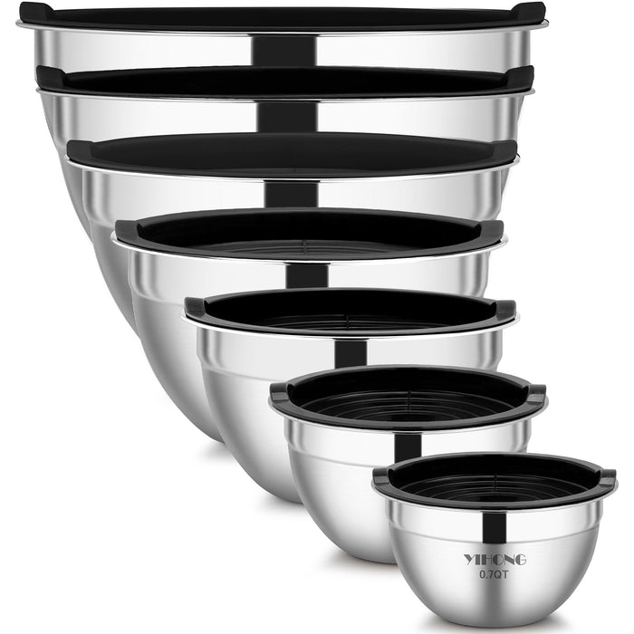YIHONG 7 Piece Metal Mixing Bowls with Lids for Kitchen, Stainless Steel Set Ideal for Baking, Prepping, Cooking and Serving Food, Nesting Design for Space Saving Storage(Black)