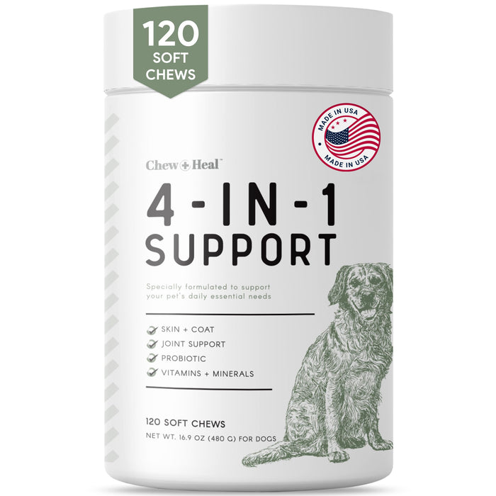 Chew + Heal All in 1 Dog Vitamin - 120 Soft Chew Treats - Chewable Multivitamin with Probiotics, Digestive Enzymes, for Skin and Coat, Hip and Joint Support - with Omega, Calcium - Made in The USA