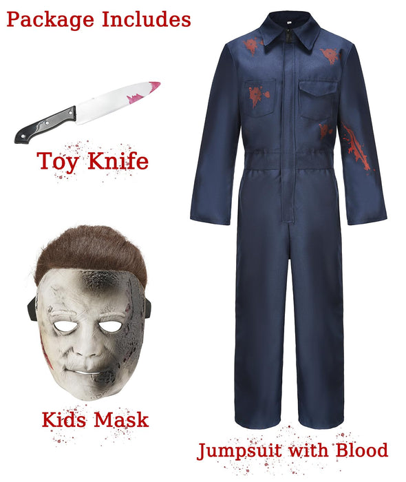 Kids Scary Halloween Costumes Boys Horror Movie Killer Cosplay Blue Jumpsuit with Blood Mask Knife Horror Party QM013M