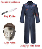 Kids Scary Halloween Costumes Boys Horror Movie Killer Cosplay Blue Jumpsuit with Blood Mask Knife Horror Party QM013M