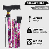 PARLORA Walking Cane for Women and Men, Collapsible, Lightweight, Sleek, Foldable Folding Cane | Walking Sticks for Seniors & Adults with Comfortable T-Handle [Purple Flower]