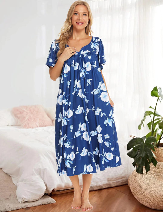 Bloggerlove House Dress for Women Elderly Moomoo Short Sleeve Muumuu Dresses House Coats Grandma Nightgowns(Blue,S)