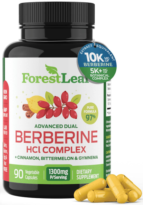 ForestLeaf Advanced Dual Berberine HCl Berberine Supplement 1300mg - 97% Tested Ultra High Potency Berberine with Ceylon Cinnamon, Bitter Melon & Gymnema (Clear, 90 Count (Pack of 1))