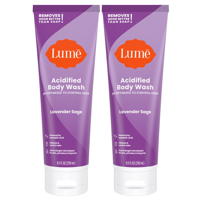 Lume Acidified Body Wash - 24 Hour Odor Control - Removes Odor Better than Soap - Moisturizing Formula - Formulated Without SLS or Parabens - OB/GYN Developed - 8.5 ounce (Pack of 2) (Lavender Sage)