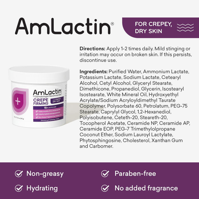 AmLactin Crepe Firming Cream - 12 oz Body Cream with 15% Lactic Acid - Exfoliator and Moisturizer for Crepey, Dry Skin