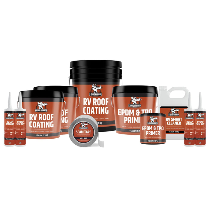 Liquid Rubber RV Roof Coating 40 Ft Leak Repair Kit – Solar Reflective, Waterproof & Weatherproof Protection – Complete System with Sealer, EPDM Primer, Cleaner, Seam Tape & Lap Sealant