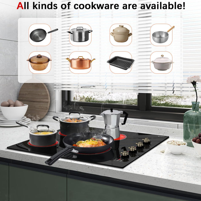 Karinear Electric Cooktop 30 Inch, 4 Burners Electric Stove Top, Built-in Radiant Cooktop with Expandable Burner, Knob Control, Safety Lock, Timer, 6700W 220~240V Hard Wired(No Plug)
