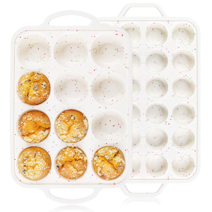 Vinino 2Pack Silicone Muffin Pan for Baking with Metal Reinforced Frame, Regular 12 Cup and Mini 24 Cup Nonstick Cupcake Pan Set, BPA Free Silicone Muffin Tray Molds for Oven Dishwasher Safe
