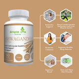 Simple Life Nutrition Organic Ashwagandha - Max Strength 1300MG Vegan Capsules - 100% Pure Non GMO Root Powder with Natural Black Pepper 60CT