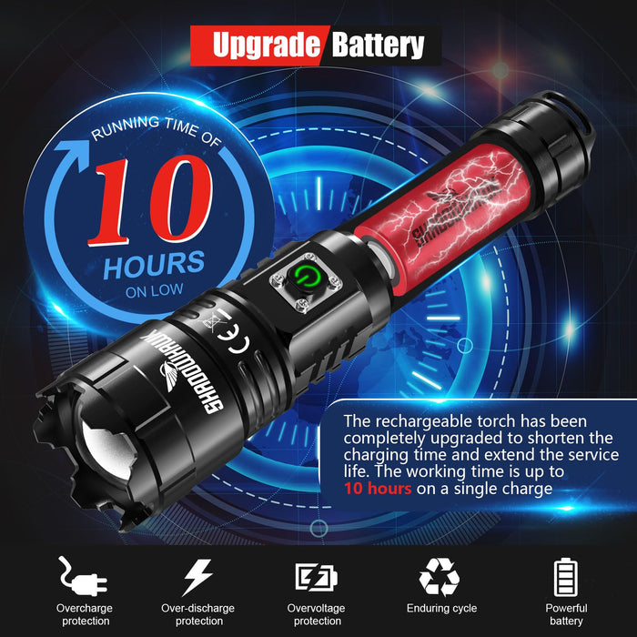 SHADOWHAWK Torches LED Super Bright, 30000 Lumens Rechargeable LED Torch, USB Tactical Flashlight, XHP70.2, IP67 Waterproof, 5 Light Modes Zoomable, for Camping Hiking Emergency