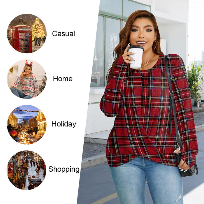 HOTGIFT Winter Womens Christmas Tunic Tops Long Sleeve Casual T-Shirts Front Twist Blouse Red Plaid Large