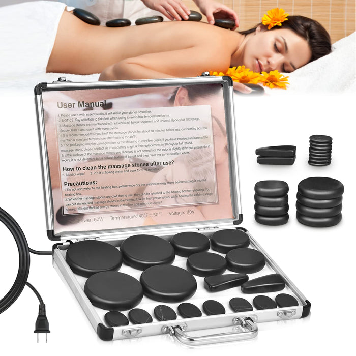 Granpay 18 Hot Stones for Massage Massage Set with Warmer Basalt Massaging Rocks Portable Heating Box for Spa Warming Therapy Massage