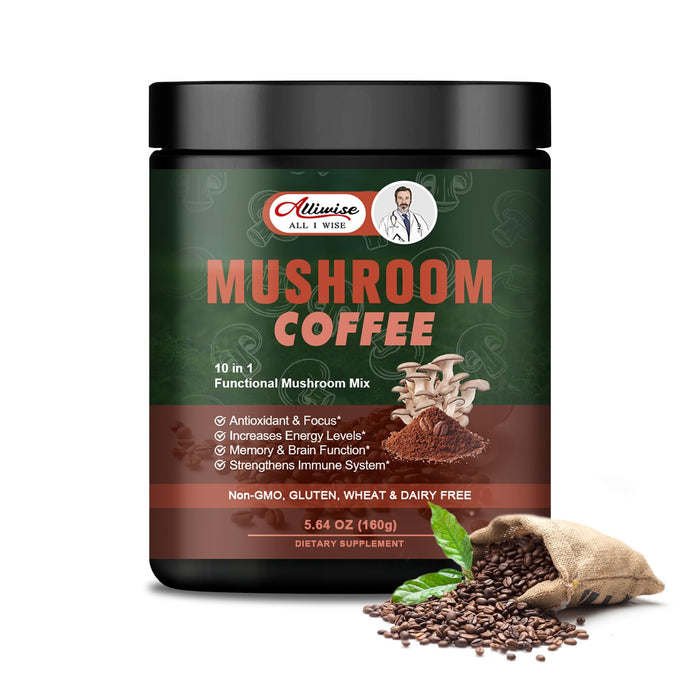 Alliwise 10 in 1 Mushroom Coffee Powder|Premium Coffee with Lion's Mane, Cordyceps, Reishi, Chaga, Shiitake, Maitake, and Turkey Tail |Energy & Immune Support,Focus, Memory & Brain Function